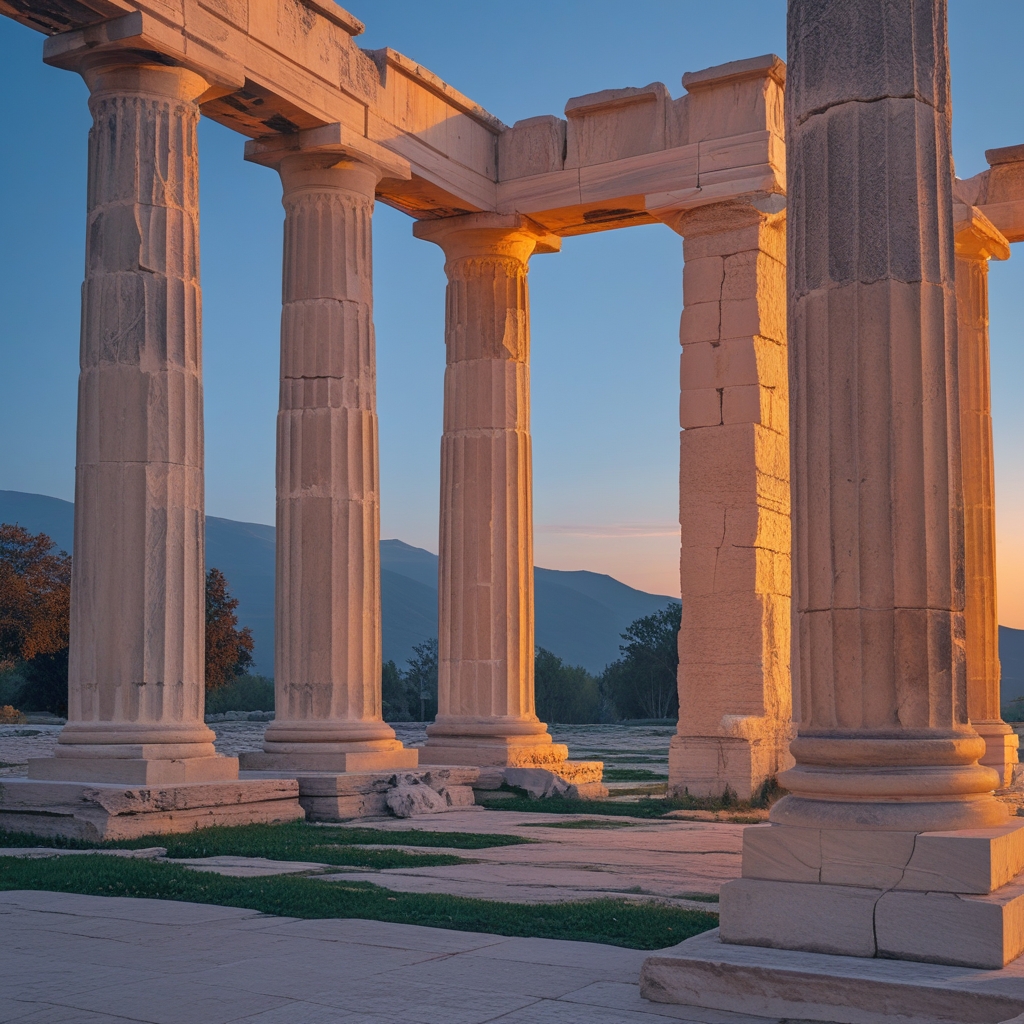 Steinerne antike Säulen eines griechischen Tempels in warmem Abendlicht, tiefe Schatten zwischen den Säulen, raue Textur des verwitterten Marmors, weiter freier Platz davor symbolisiert historische Weite