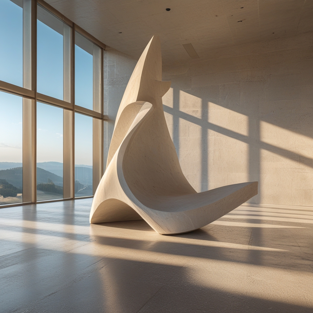 Abstrakte kinematische Skulptur aus poliertem Stein im Gegenlicht eines hohen Glasraumes, glatte geschwungene Form die fließende Bewegung und Gleichgewicht symbolisiert, tiefe Schatten und helles Streiflicht enthüllen die Textur