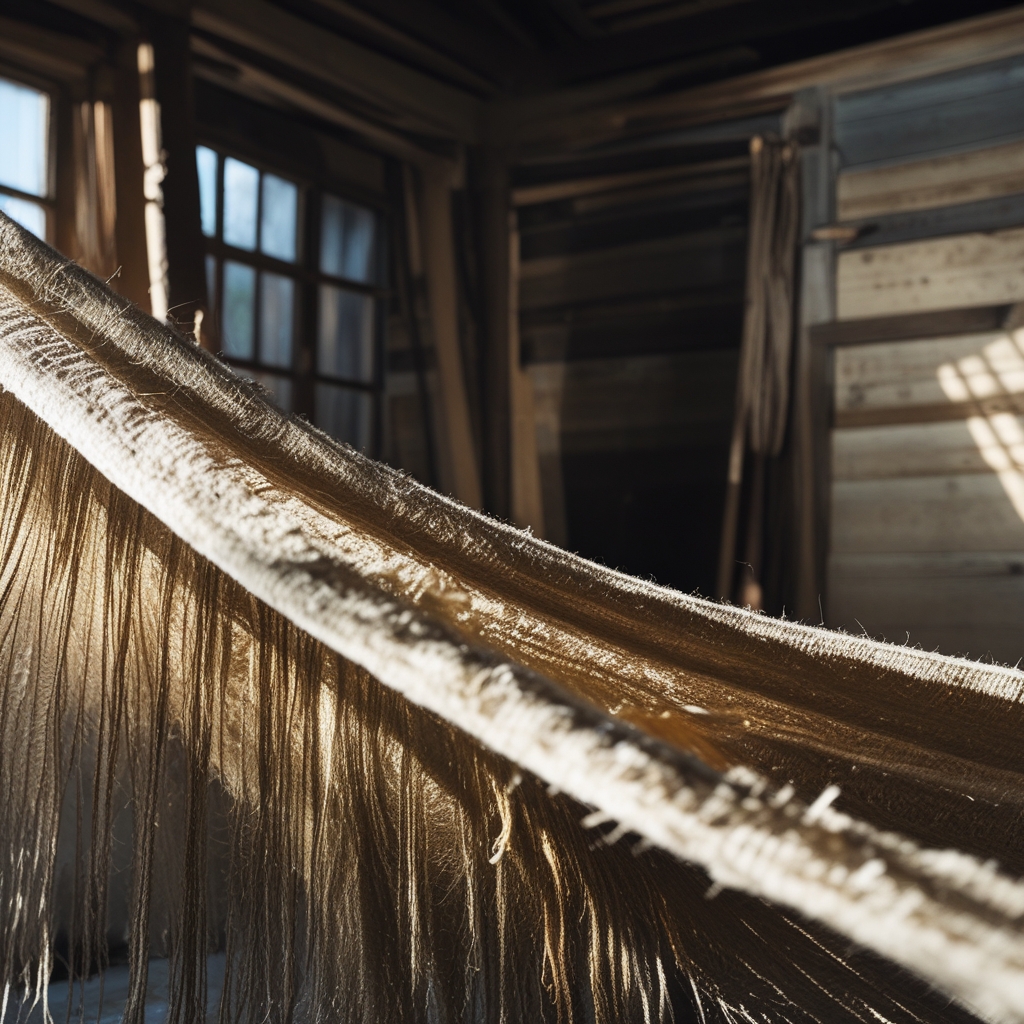 Makroaufnahme eines alten Seils aus verdrillten Naturfasern, das gespannt zwischen zwei rauen Felsen hängt, dramatisches Streiflicht von der Seite, Textur der Fasern detailliert sichtbar, dunkler Hintergrund