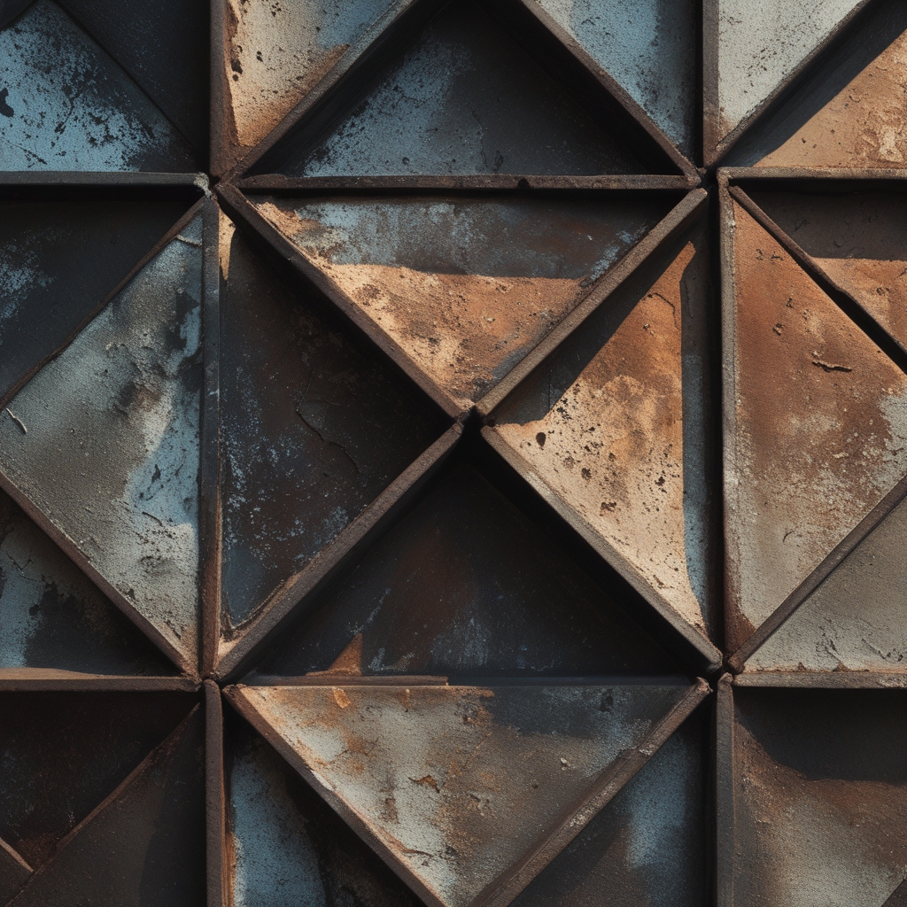 Makroaufnahme eines geometrischen Gittermusters aus dunkel patiniertem Metall, präzise Winkel und Linien, industrielle Textur, dramatisches Seitenlicht betont die räumliche Tiefe des Musters