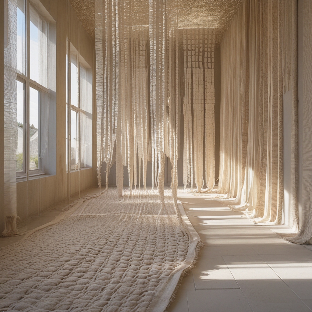 Nahaufnahme von verdrillten Seilen oder Tauen in verschiedenen Stärken, nebeneinander gespannt und zu einem Muster angeordnet, natürliche Faserstruktur, weiches diffuses Licht von oben